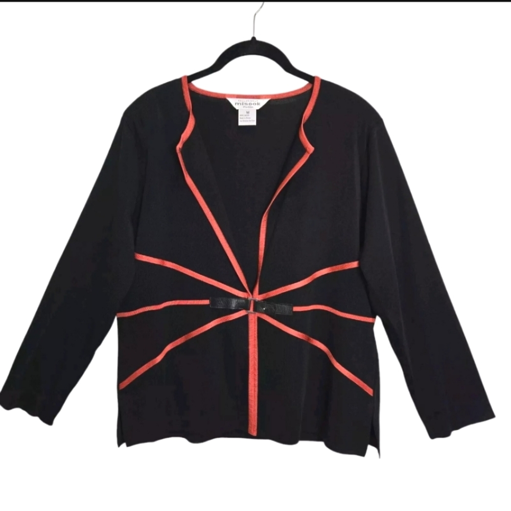 Exclusively Misook Belted Cardigan Jacket Blazer Black Orange Medium Petite